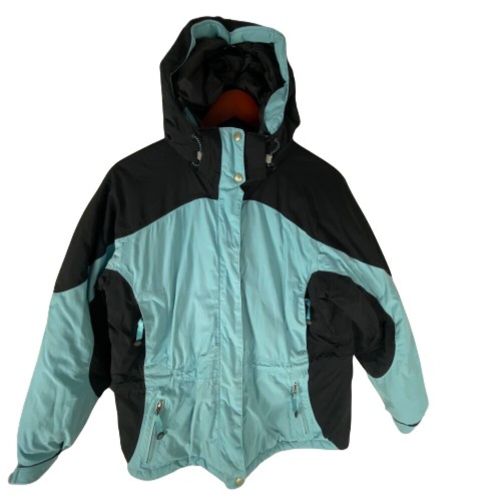 L.L.Bean Ski Jacket Womens Medium Petite Blue Removable Hood Primaloft Full Zip